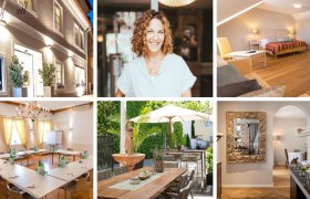 Collage von Hotelbildern: Au&szlig;enansicht, Frau, Zimmer, Konferenzraum, Terrasse, Fr&uuml;hst&uuml;cksbuffet.